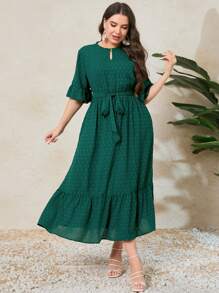 Mulvari Kích thước lớn Chấm bi Tay áo xù Đầm - Màu xanh lá cây đậm - Xem 5