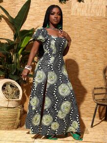 Slaydiva Robe d'été décontractée pour vacances, à encolure carrée, avec manches bouffantes, manches courtes, fente haute, imprimé vagues sur toute la surface, pour femmes - Z