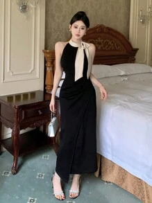 DAZY Váy dạ hội màu tương phản viền bất đối xứng dành cho nữ, Đầm dạ hội mùa hè thanh lịch cho đêm giao thừa - Đen và trắng - Xem 4