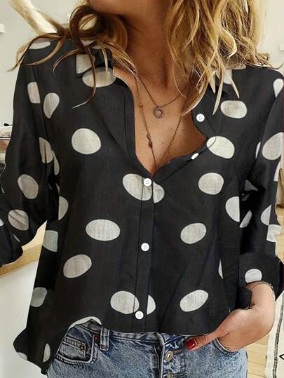 Blusa casual suave y holgada de manga larga con estampado de lunares para mujer