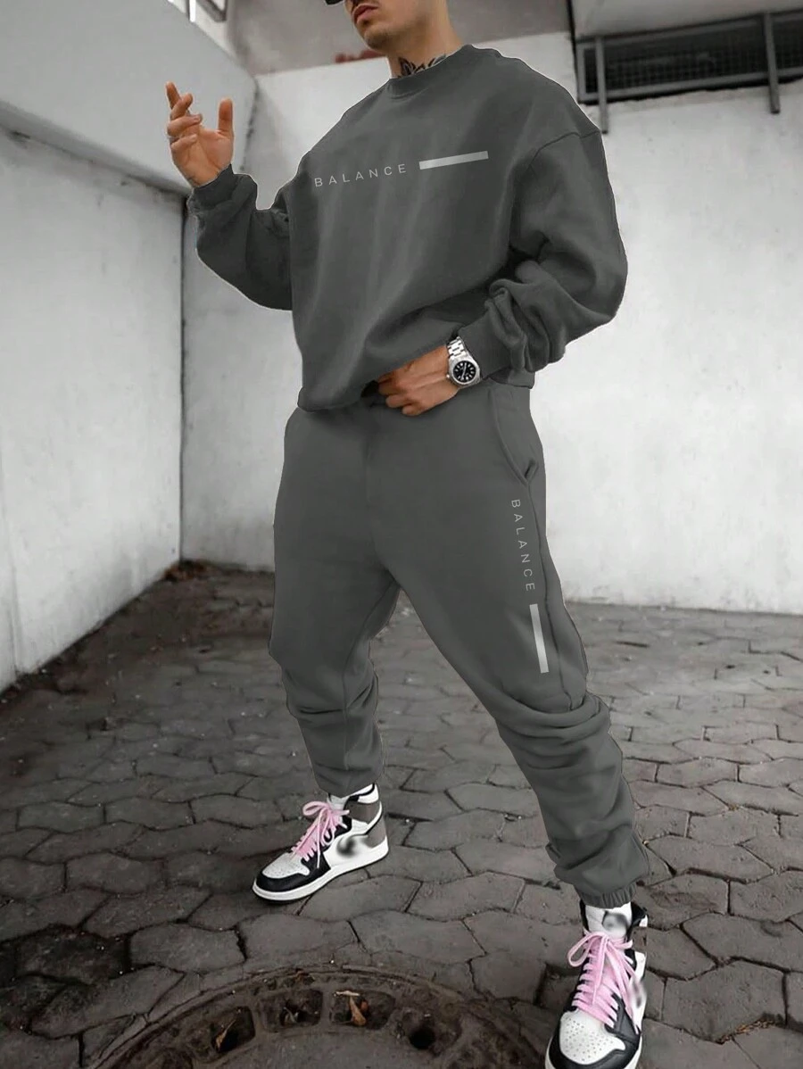 Manfinity Homme Men's Letter Printed Drop Shoulder Long Sleeve Sweatshirt And Sweatpants Set, Fall Clothes