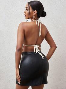 BamGleam 後背繫帶下擺開叉掛脖上衣 - 白色 - 查看 2