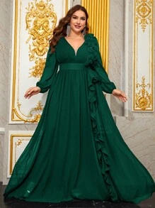 YISIKADO Đầm dạ hội thanh lịch cỡ lớn dành cho nữ, chất liệu chiffon, với ren 3D và tay áo phồng, cổ chữ V, thắt lưng, thích hợp cho tiệc cưới, lễ tốt nghiệp, tiệc tối, hoặc ngày Valentine mùa xuân. - Màu xanh lá cây đậm - Xem 6