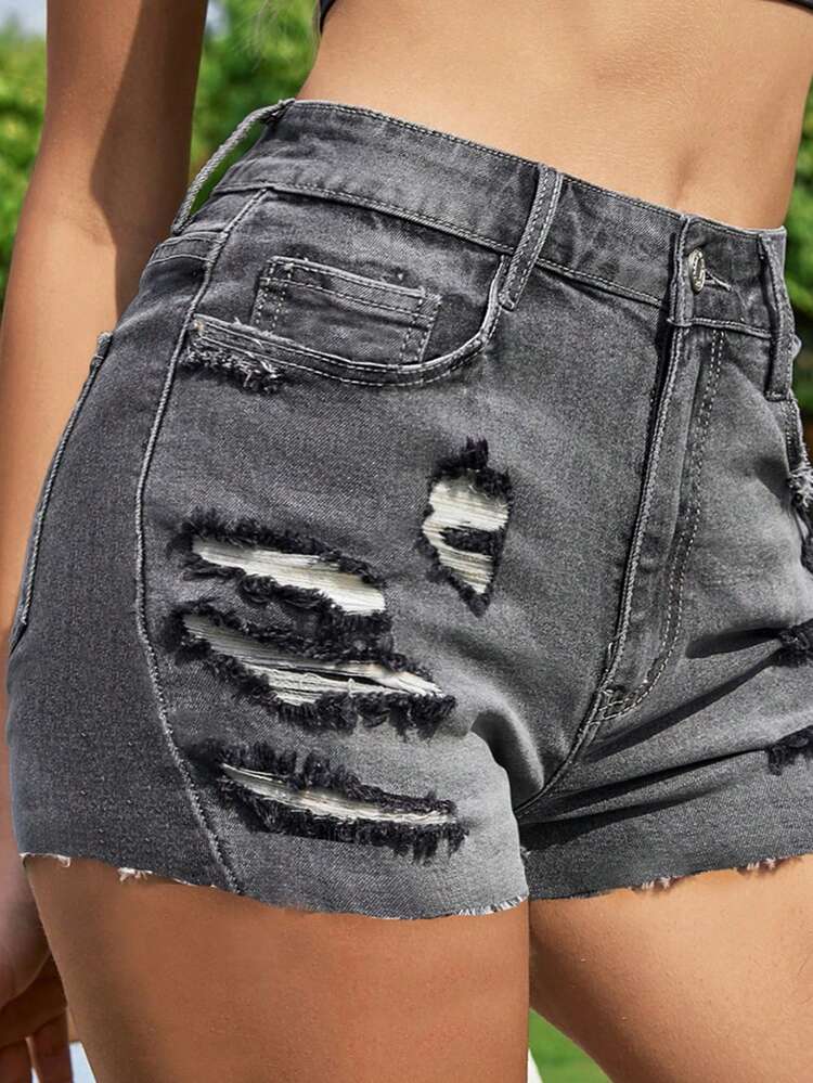 Stretchy Distressed Denim Shorts With Frayed Hem