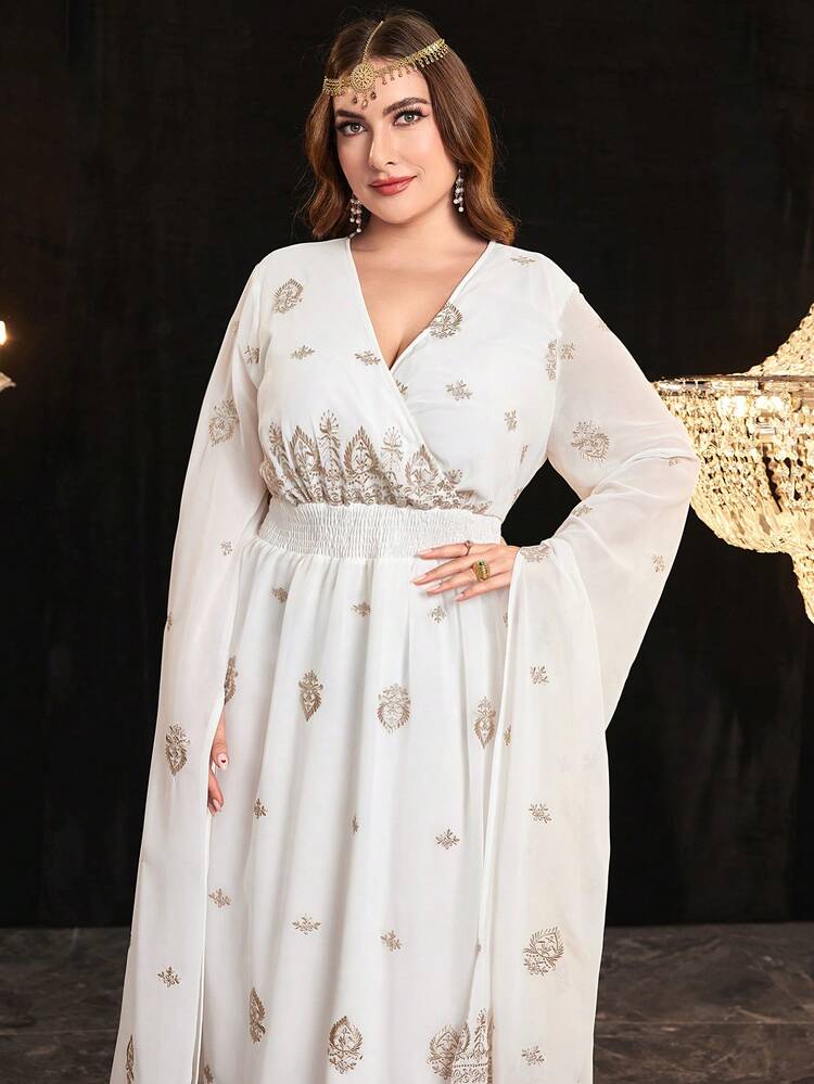 Plus Size Women's Waist Shirred Botanical Print Dress, Elegant Evening Party Maxi Dress