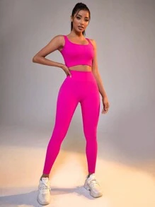Yoga Basic 無縫高彈性運動瑜伽健身套裝 - 玫紅色 - 查看 4