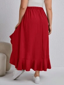 SHEIN LUNE Women's Plus Size Asymmetric Hem Skirt With Ruffle Detail - Red - View 2