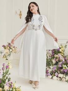 Al Najma 大尺碼女士洋裝,連帽袖子移位裁剪,有印花圖案 - 白色 - 查看 4