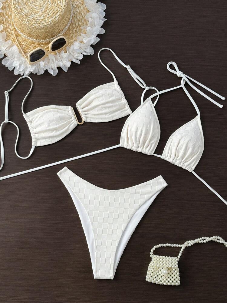 3pcs/Set Bikini Set With Grid Pattern Print And Embossed Design, Featuring U-Shaped Metal Buckles Wedding Summer