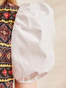 SHEIN Leap Crew Tween Girl Sibling Outfits Elegant V-Neck Puff Sleeve Mid-Length Dress With Patchwork Fabric - Red - View 3