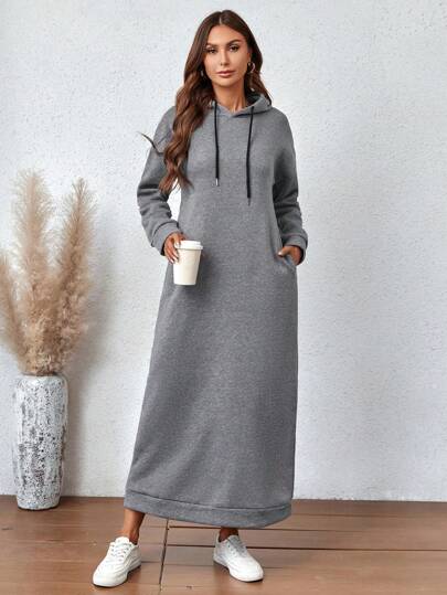 Drop Shoulder Drawstring Hoodie Dress