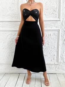 Zolique Women's Shiny Strapless Cut-Out Waist Bodycon Dress - Black - View 4