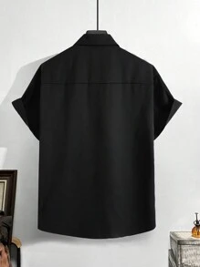 Claim Dot 男士拉鍊半扣短袖襯衫，寬鬆V領純黑外出休閒襯衫 - 黑色 - 查看 2