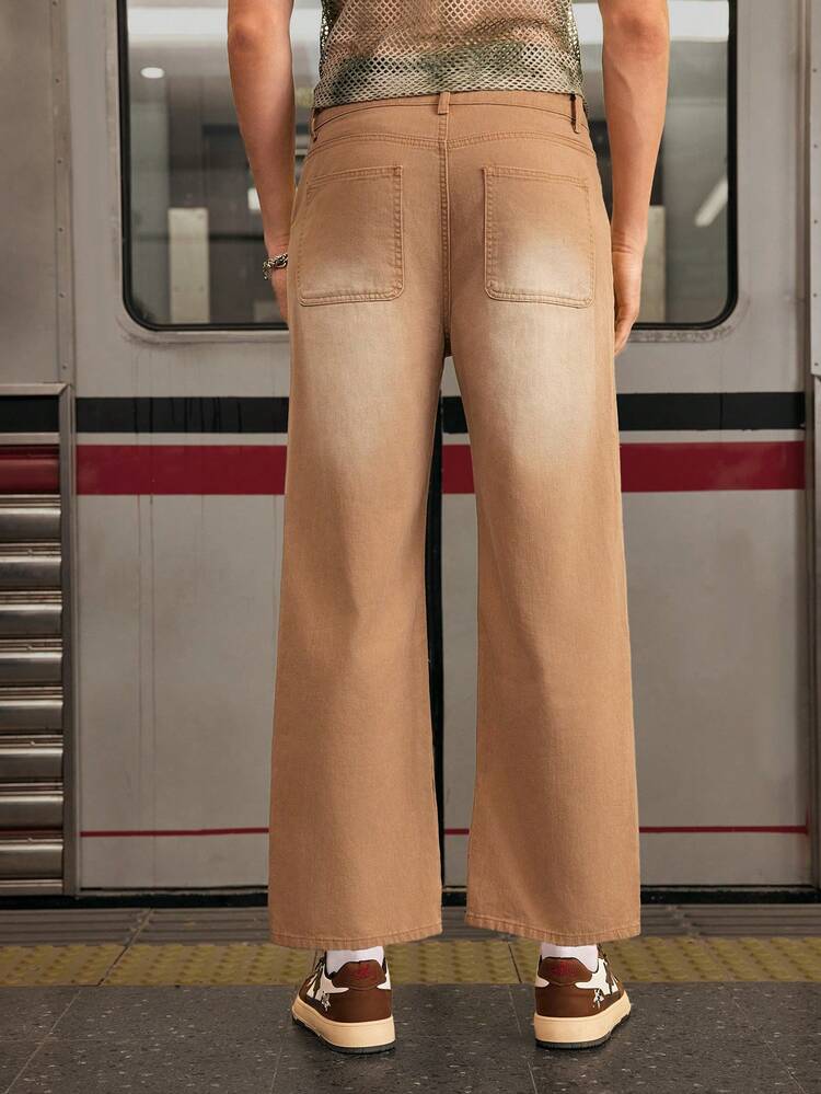 Men's Mid-Rise Stretch-Free Loose-Fit Jeans With Wide Leg For Casual Wear