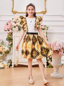 SHEIN 青少女圓領荷葉邊上衣和巴洛克印花裙裝套裝 - 白色 - 查看 5