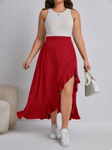 SHEIN LUNE Women's Plus Size Asymmetric Hem Skirt With Ruffle Detail - Red - View 4