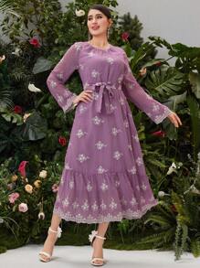 Seusyu Women's Embroidery Raglan Sleeve Ruffle Hem A-Line Dress - Purple - View 1