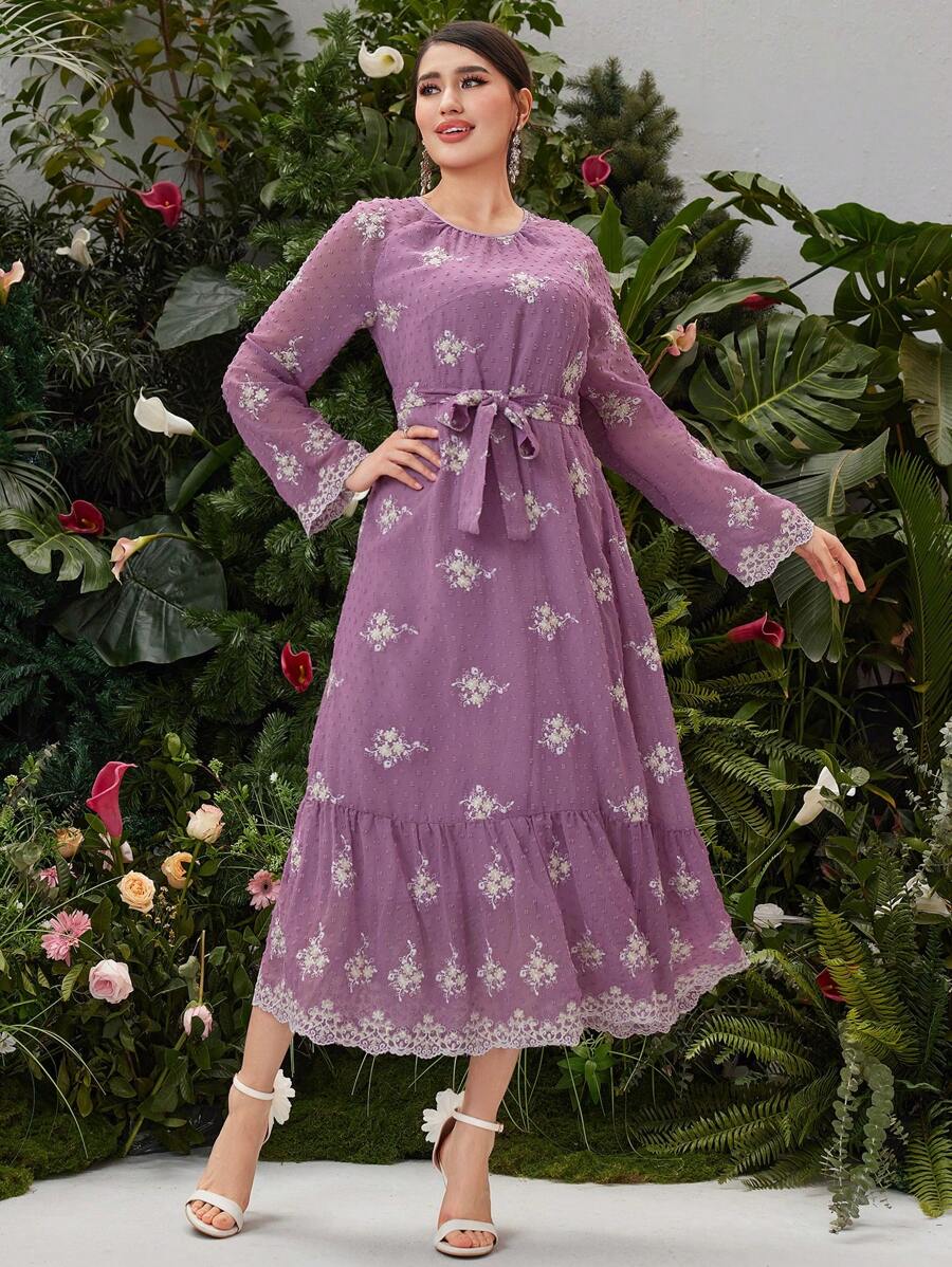 Seusyu Women's Embroidery Raglan Sleeve Ruffle Hem A-Line Dress - Purple - View 1