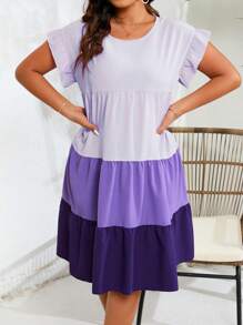 SHEIN Clasi 大尺碼女裝拼色荷葉邊連衣裙 - 彩色 - 查看 4