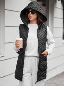 EURMUSE Flap Pocket Zipper Hooded Vest Quilted Coat - Black - View 4