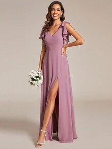 Chiffon Split Thigh Ruffle Trim Bow Shoulder Bridesmaid Dress - Dusty Pink - View 3