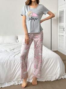 Women's Short Sleeve And Pants Pajamas Set With Teddy Bear Print - Multicolor - View 6
