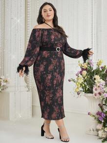 Modelyn Plus Size Floral Print Halter Neck Cold Shoulder Feather Embellished Fashion Dress, Wedding Guest Dress Long Evening Dresses - Multicolor - View 7