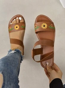 新款时尚女士一脚蹬拖鞋，时尚休闲罗马风格一脚蹬凉鞋，颜色有黑色、米色、棕色，舒适平底沙滩凉鞋，博主推荐的厚底凉鞋，夏季沙滩鞋，优雅低跟圆头拖鞋，简约防滑户外拖鞋，百搭平底一脚蹬女士凉鞋 - 卡其色 - 查看 2