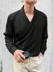 Manfinity Homme 男士纯色简约V领衬衫，长袖和服东京纯黑色都市日式衬衫，武士衬衫，秋季