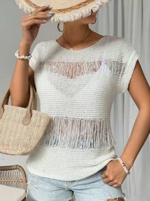 Breezaya 1件女士實色破洞針織毛衣 - 米色 - 查看 6