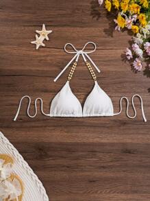 SHEIN Swim 女士纯色露背系带比基尼上衣，适合夏季、海滩、游泳和度假穿着 - 白色 - 查看 1