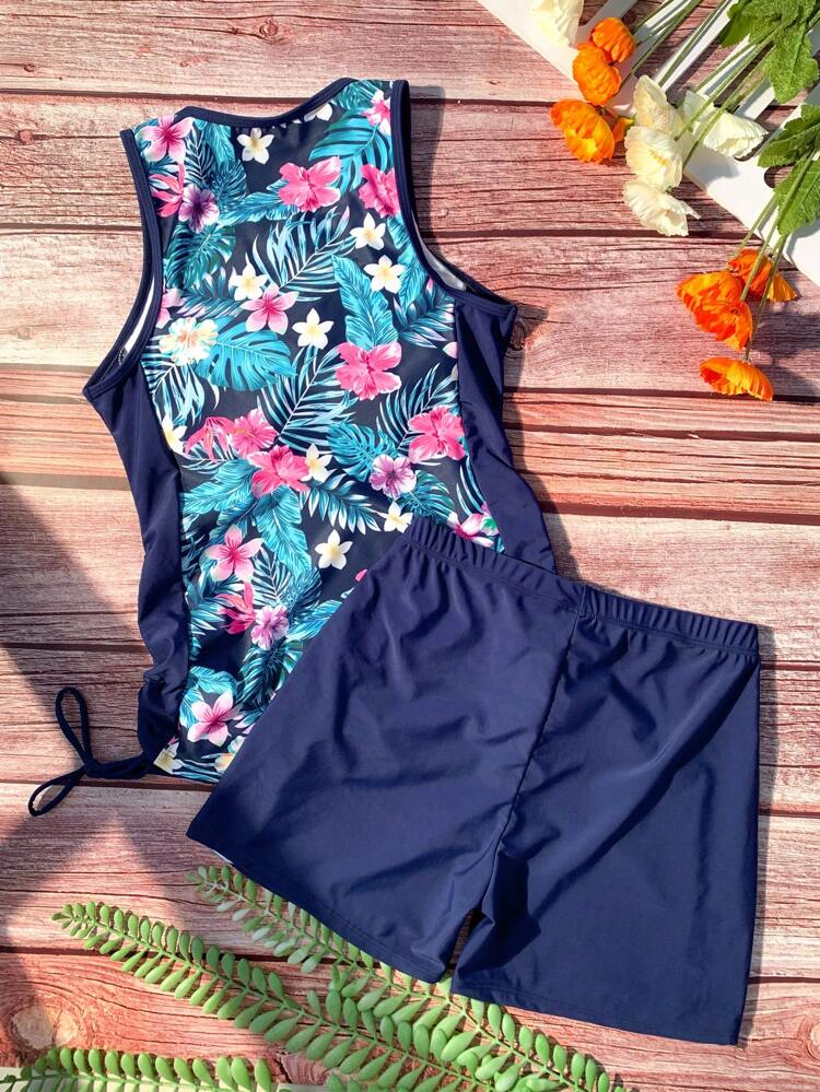 Summer Beach Tropical Print Criss Cross Tankini