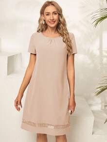 EMERY ROSE Của phụ nữ Vòng cổ Ngắn tay Thẳng Đầm - Màu Khaki - Xem 4
