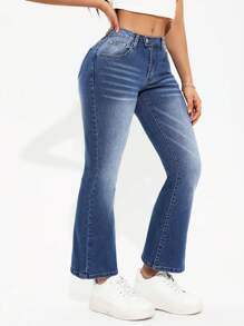 SHEIN PETITE Vaqueros Acampanados Lavados Con Bolsillos Diagonales