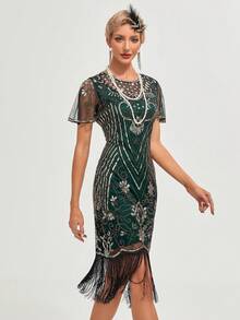 女式 1920 年代复古亮片短袖网眼流苏下摆摆裙，优雅鸡尾酒半正式舞会婚礼宾客礼服，适合生日、毕业典礼、晚宴、返校节派对礼服