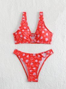 DAZY Women's Heart Pattern Heart Ring Bikini Set, Two-Piece Bikini Set Bra & Bikini Set Bottom Bikini Set For Summer Beach,Tankini Bathing Suit - Red - View 7