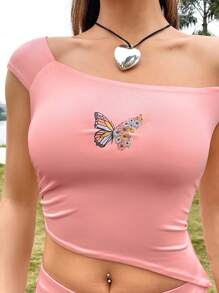 Soleia Conjunto De Falda Y Top De Manga Corta Para Mujeres Con Impresión De Mariposas Y Flores