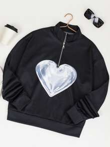 SHEIN LUNE بلوزة نسائية بسحاب نصفي مطبوعة بنمط قلب ثلاثي الأبعاد، بلوزة رياضية للخريف - الأسود - مشاهدة 1