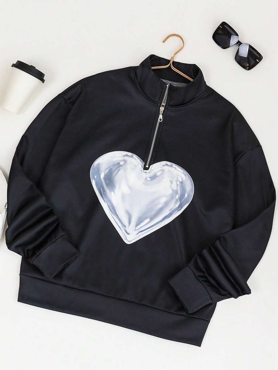 SHEIN LUNE بلوزة نسائية بسحاب نصفي مطبوعة بنمط قلب ثلاثي الأبعاد، بلوزة رياضية للخريف - الأسود - مشاهدة 1