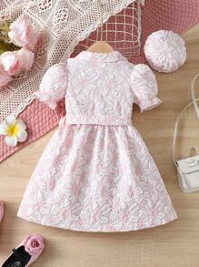 SHEIN Vestido Jacquard Elegante Com Gola Virada Para Baixo E Manga Bufante Para Meninas Com Cinto E Chapéu Para O Verão