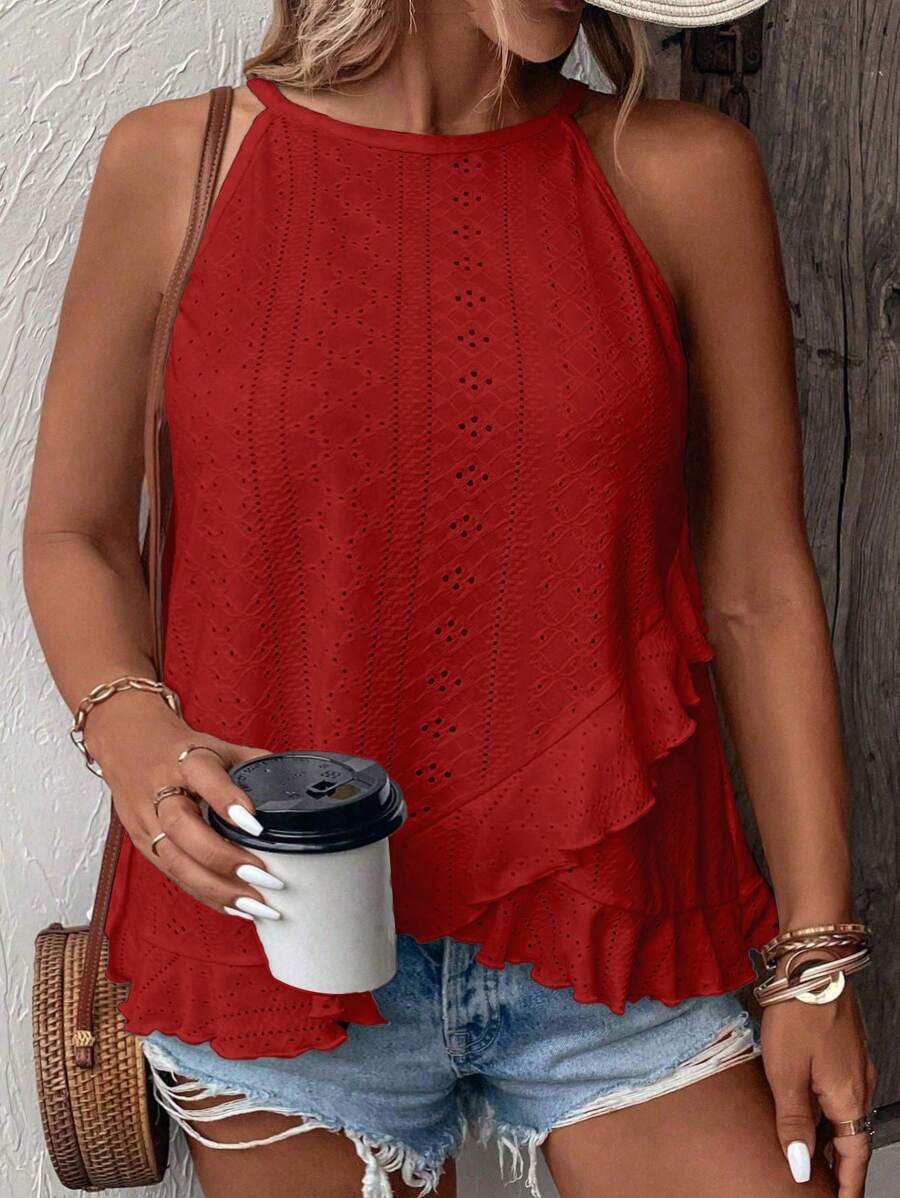 SHEIN LUNE Plus Size Women's Ruffle Hem Tank Top For Summer - Red - View 1
