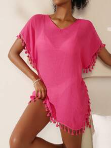 Swim Vcay Copricostume Da Donna In Colore Tinta Unita Con Frange Sul Bordo