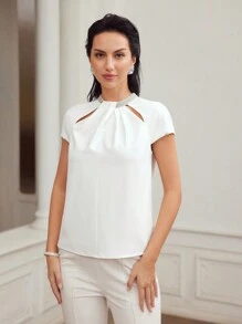 MOTF PREMIUM WOVEN WOMEN'S CUTOUT FOLD PLEATED BLOUSE,CHIC BLOUSE - White - View 8