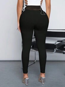 SHEIN SXY 女士十字腰實色緊身褲 - 黑色 - 查看 4