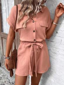 SHEIN LUNE Batwing Sleeves Belted Shirt Romper With Flap Detail - Dusty Pink - View 6
