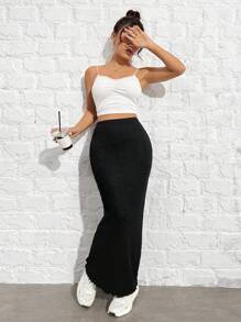 SHEIN EZwear 女士黑色针织生菜下摆半身裙 - 黑色 - 查看 3
