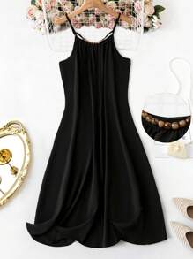 SHEIN Holidaya Kích thước lớn Của phụ nữ Màu thuần Váy Dây - màu đen - Xem 1