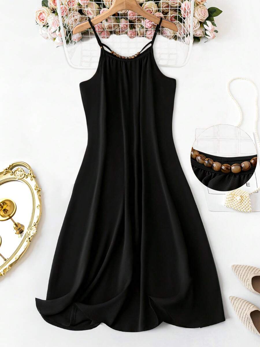 SHEIN Holidaya Kích thước lớn Của phụ nữ Màu thuần Váy Dây - màu đen - Xem 1