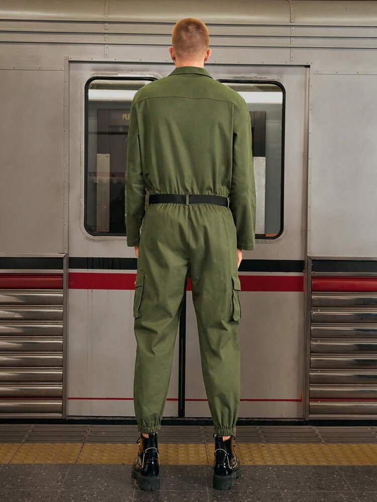 Men Woven Casual Jogger Cargo Jumpsuit, Fall