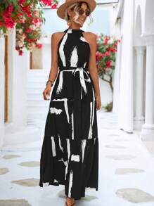 Breezaya Vestido halter con estampado de pincelada bajo con fruncido con cinturón - Negro - Ver 3